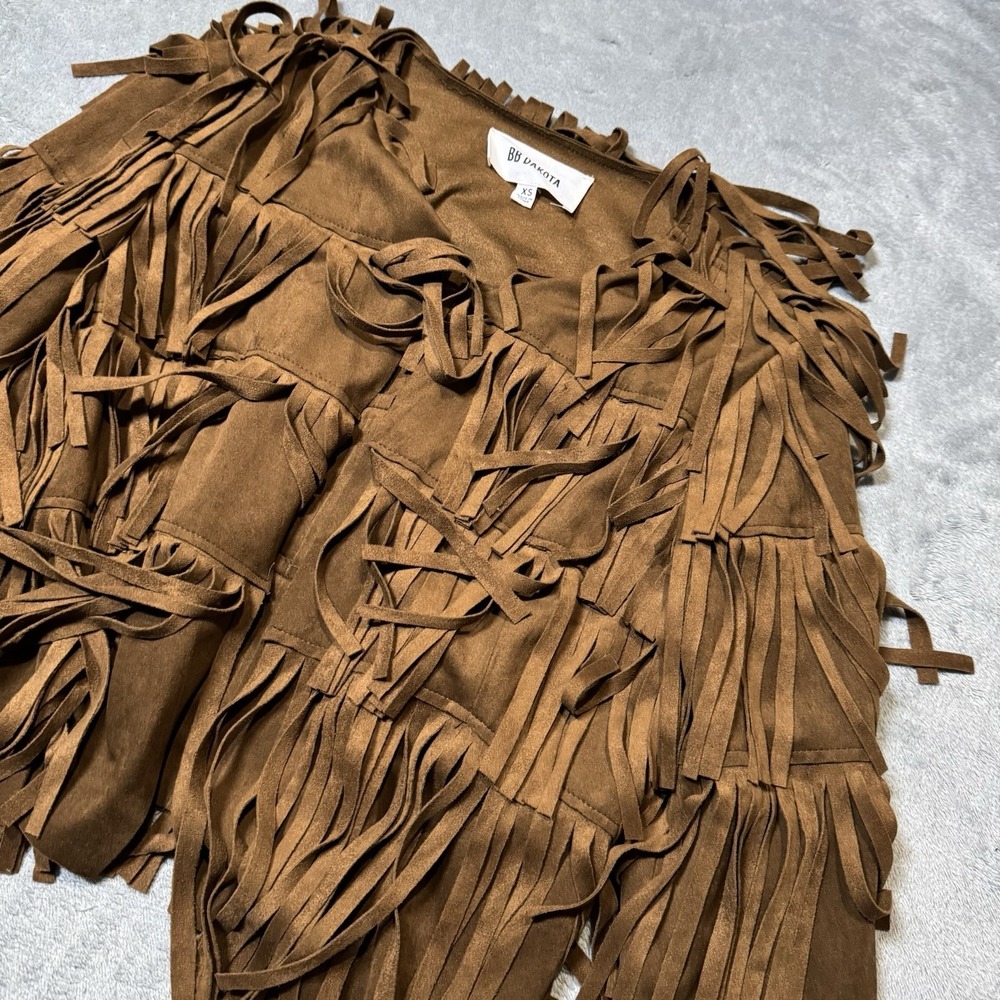 BB Dakota Fringe Open Jacket in‎ Brown Size XS Y2K Retro Boho Western Festival - Picture 2 of 8